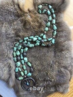 Early Vintage Navajo Chinese Turquoise Sterling Silver Squash Blossom Necklace