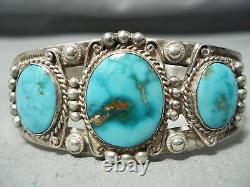 Early Vintage Navajo High Grade Carico Lake Turquoise Sterling Silver Bracelet