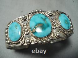 Early Vintage Navajo High Grade Carico Lake Turquoise Sterling Silver Bracelet