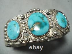 Early Vintage Navajo High Grade Carico Lake Turquoise Sterling Silver Bracelet