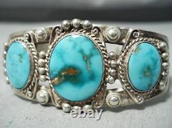 Early Vintage Navajo High Grade Carico Lake Turquoise Sterling Silver Bracelet