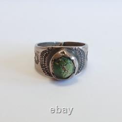 Early Vintage Navajo Indian Silver Green Turquoise Ring Size 5