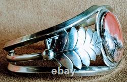 Early Vintage Navajo Large Petrified Wood/agate & Sterling Silver Cuff Bracelet