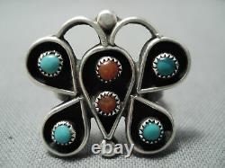 Early Vintage Navajo Snake Eyes Turquoise Coral Sterling Silver Butterfly Ring
