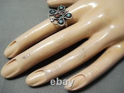 Early Vintage Navajo Snake Eyes Turquoise Coral Sterling Silver Butterfly Ring