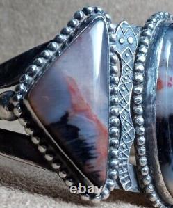 Early Vintage Navajo Sterling Silver 3 Petrified Wood Agate Snake Cuff Bracelet
