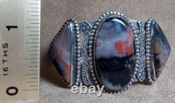 Early Vintage Navajo Sterling Silver 3 Petrified Wood Agate Snake Cuff Bracelet