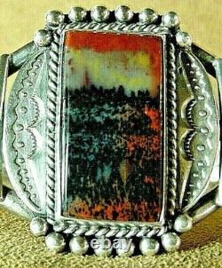 Early Vintage Navajo Sterling Silver Large Dramatic Petrified Wood Cuff Bracelet