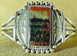 Early Vintage Navajo Sterling Silver Large Dramatic Petrified Wood Cuff Bracelet