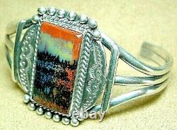 Early Vintage Navajo Sterling Silver Large Dramatic Petrified Wood Cuff Bracelet