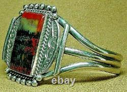 Early Vintage Navajo Sterling Silver Large Dramatic Petrified Wood Cuff Bracelet