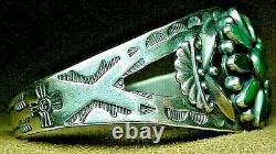 Early Vintage Navajo Sterling Silver Petit Point Turquoise Stamped Cuff Bracelet