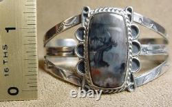 Early Vintage Navajo Sterling Silver Petrified Wood Agate Snake Cuff Bracelet