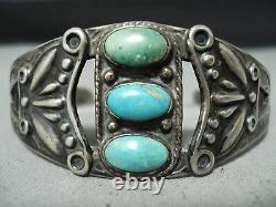 Early Vintage Navajo Turquoise Repoussed Sterling Silver Bracelet