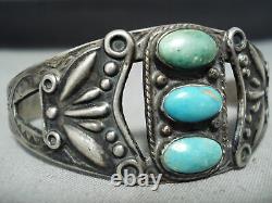 Early Vintage Navajo Turquoise Repoussed Sterling Silver Bracelet