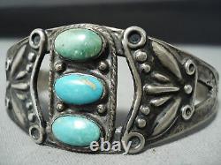 Early Vintage Navajo Turquoise Repoussed Sterling Silver Bracelet