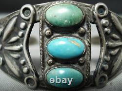 Early Vintage Navajo Turquoise Repoussed Sterling Silver Bracelet