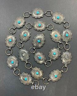Early Vintage Navajo Turquoise Southwestern Sterling Silver Stamped Concho Belt