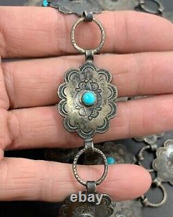 Early Vintage Navajo Turquoise Southwestern Sterling Silver Stamped Concho Belt