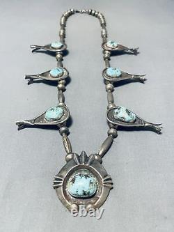 Early Vintage Navajo Turquoise Sterling Silver Squash Blossom Necklace