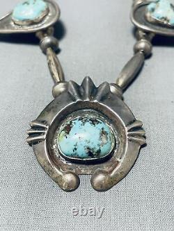 Early Vintage Navajo Turquoise Sterling Silver Squash Blossom Necklace