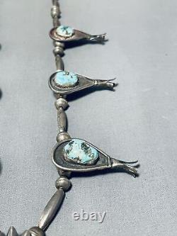 Early Vintage Navajo Turquoise Sterling Silver Squash Blossom Necklace