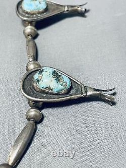 Early Vintage Navajo Turquoise Sterling Silver Squash Blossom Necklace