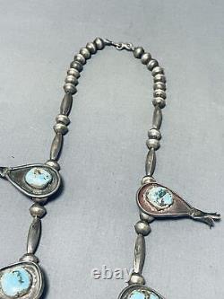 Early Vintage Navajo Turquoise Sterling Silver Squash Blossom Necklace