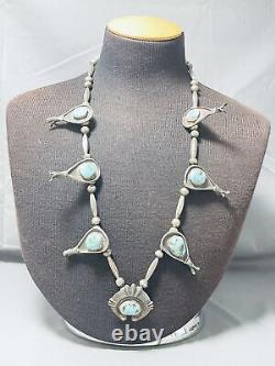 Early Vintage Navajo Turquoise Sterling Silver Squash Blossom Necklace