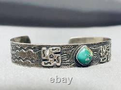 Early Vintage Navajo Whirling Logs Royston Turquoise Coin Silver Bracelet