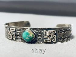 Early Vintage Navajo Whirling Logs Royston Turquoise Coin Silver Bracelet