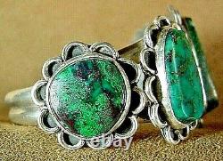 Early Vintage Old Pawn Navajo Sterling Silver 5 Green Turquoise Cuff Bracelet