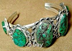 Early Vintage Old Pawn Navajo Sterling Silver 5 Green Turquoise Cuff Bracelet