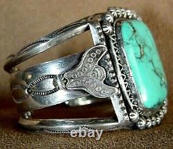 Early Vintage Old Pawn Navajo Sterling Silver Large Bisbee Turquoise Bracelet