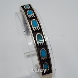 Early Vintage Old Pawn Sterling Silver Turquoise Inlay Bear Paw Cuff Bracelet 6