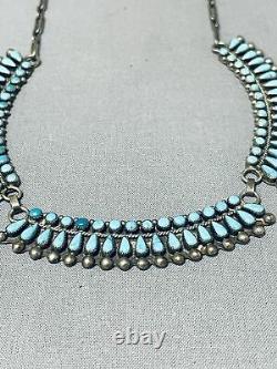 Early Vintage Zuni Blue Gem Turquoise Petit Point Sterling Silver Necklace