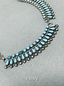 Early Vintage Zuni Blue Gem Turquoise Petit Point Sterling Silver Necklace