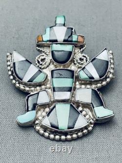 Early Vintage Zuni Green Turquoise Sterling Silver Inlay Pin Old