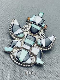 Early Vintage Zuni Green Turquoise Sterling Silver Inlay Pin Old
