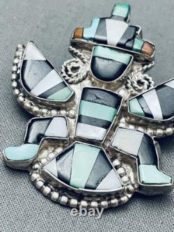 Early Vintage Zuni Green Turquoise Sterling Silver Inlay Pin Old