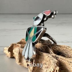 Early Vintage Zuni Native American Bird Ring Inlaid with Turquoise, Pipestone, M