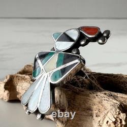 Early Vintage Zuni Native American Bird Ring Inlaid with Turquoise, Pipestone, M