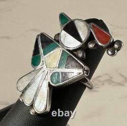 Early Vintage Zuni Native American Bird Ring Inlaid with Turquoise, Pipestone, M