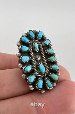 Early Vintage Zuni Sterling Silver Petit Point Turquoise Cluster Long Ring 1.5