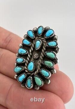 Early Vintage Zuni Sterling Silver Petit Point Turquoise Cluster Long Ring 1.5