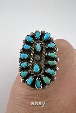 Early Vintage Zuni Sterling Silver Petit Point Turquoise Cluster Long Ring 1.5