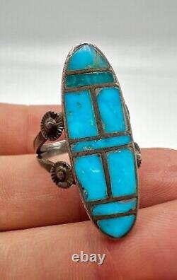 Early Vintage Zuni Sterling Silver Turquoise Flush Inlay Long Ring