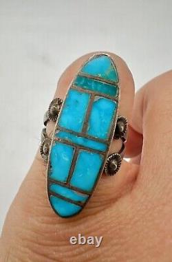 Early Vintage Zuni Sterling Silver Turquoise Flush Inlay Long Ring