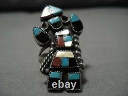 Early Vintage Zuni Turquoise Coral Sterling Silver Inlay Kachina Ring Old