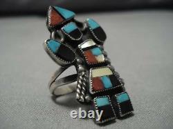 Early Vintage Zuni Turquoise Coral Sterling Silver Inlay Kachina Ring Old